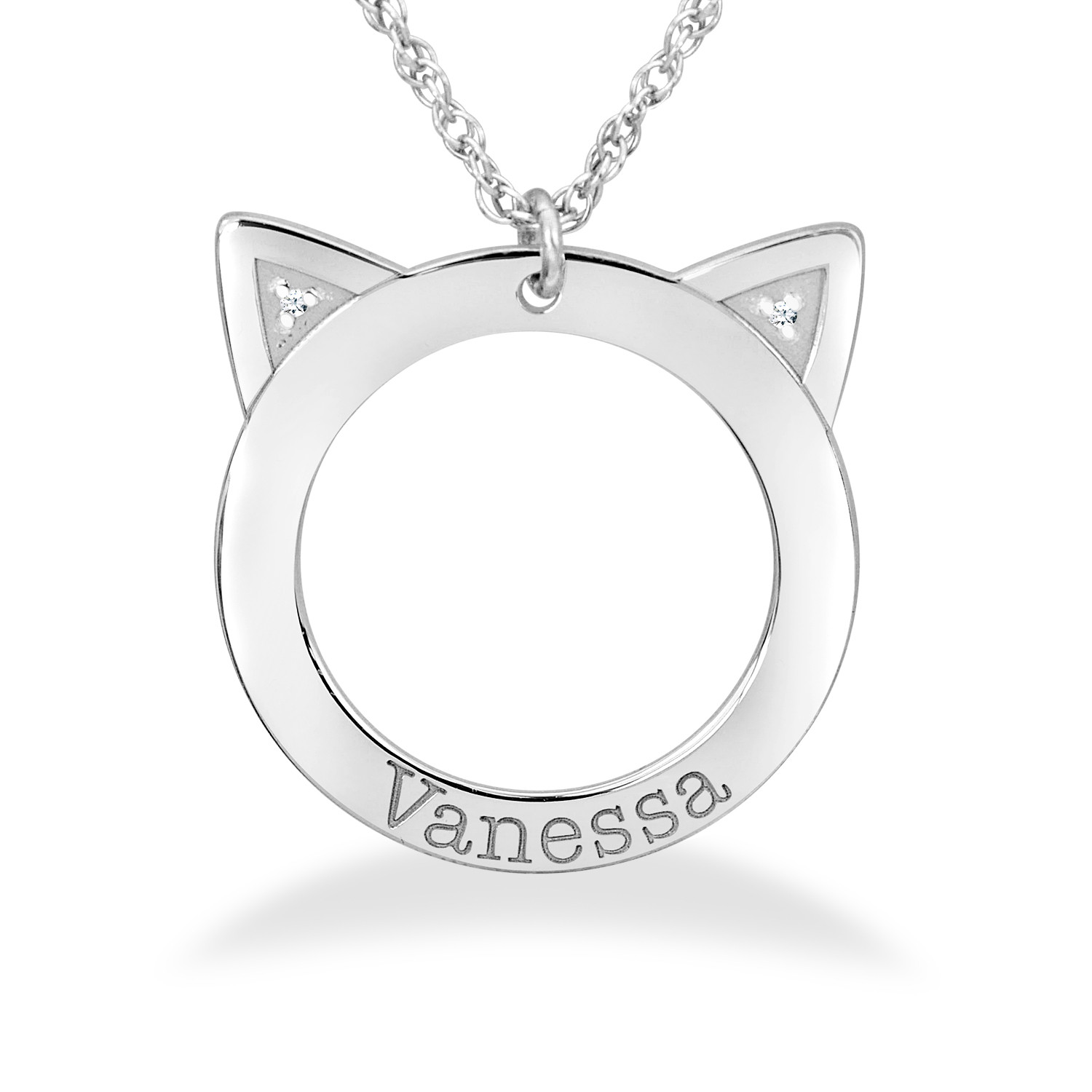 Silver Personalized 23 x 22mm Diamond Accent Cat Ear Necklace