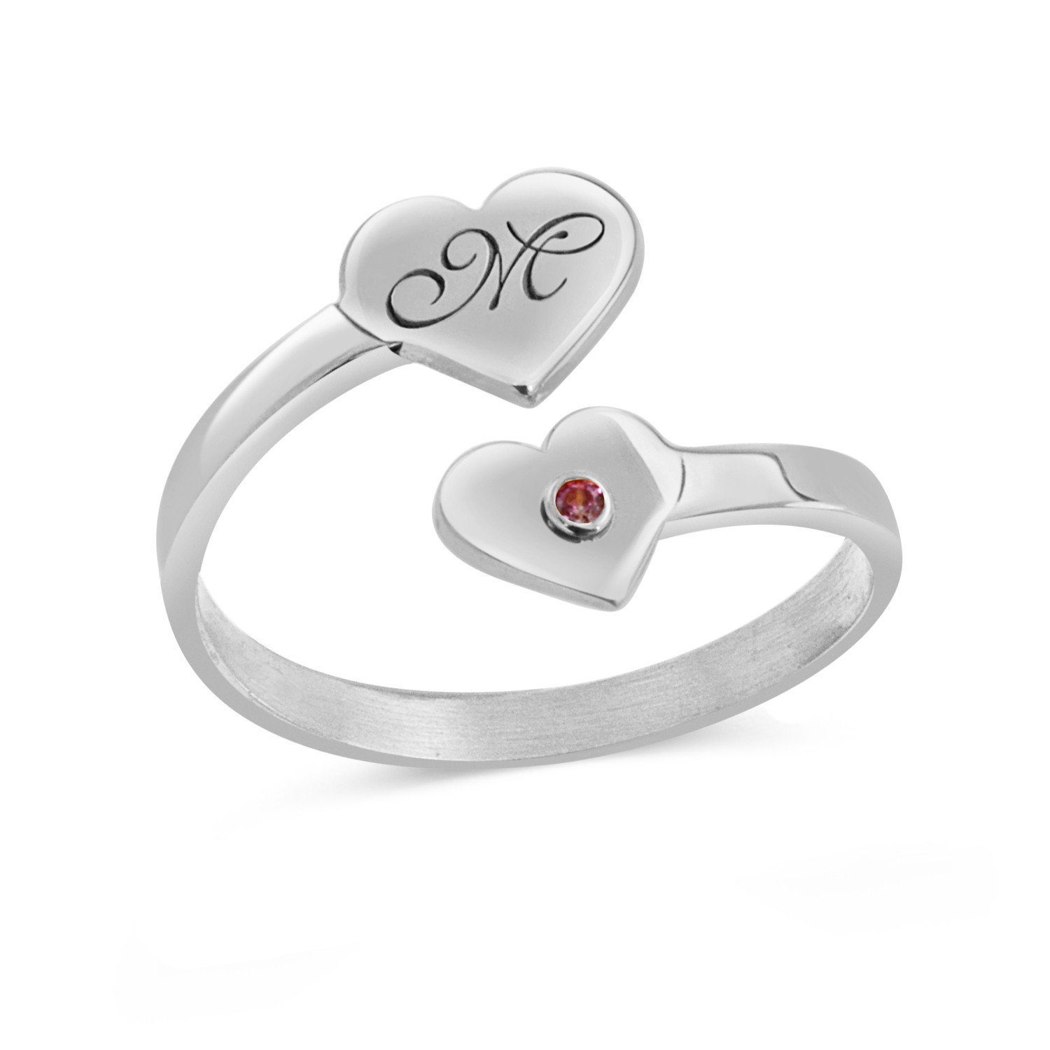 Simulated Birthstone Engravable Initial Double Heart Bypass Ring