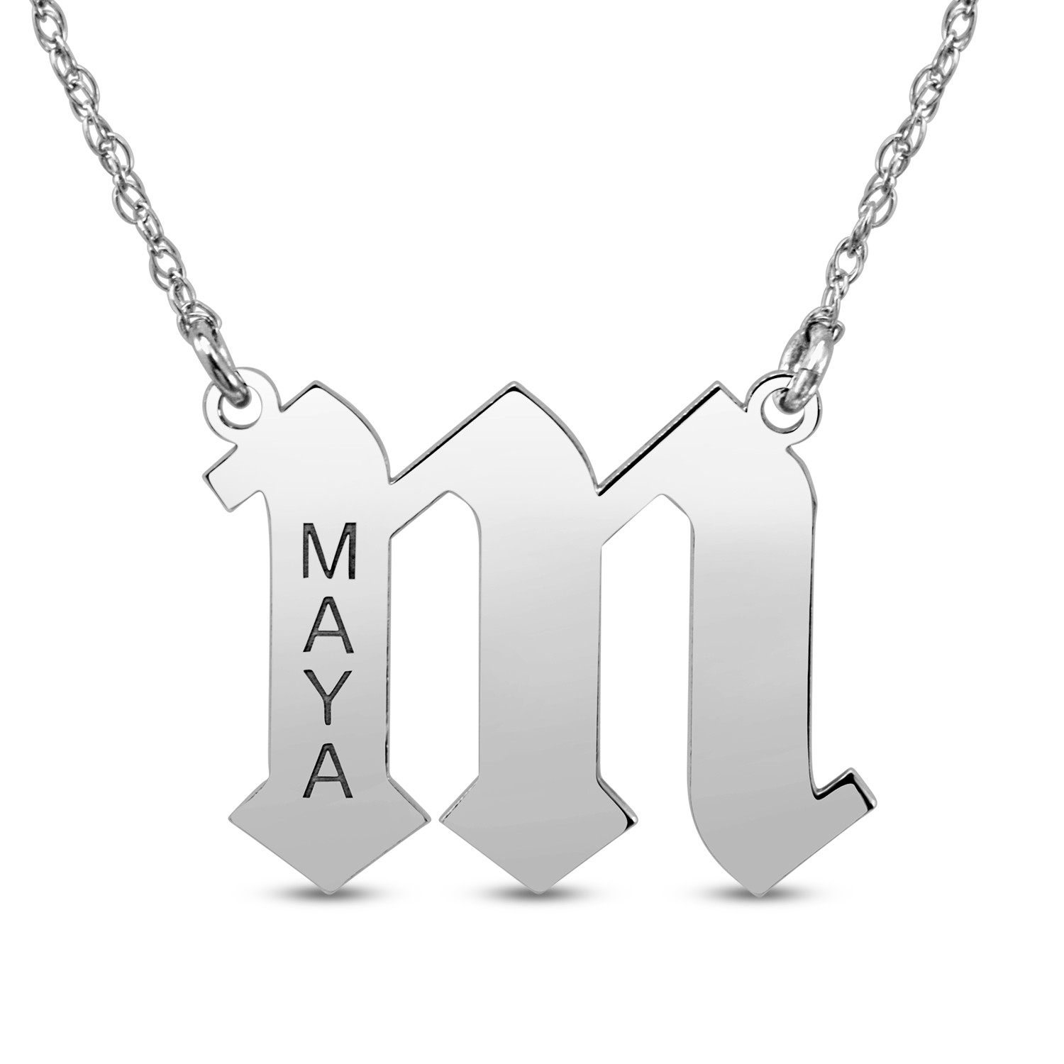 HI Polish Name Pers Necklace - 1 initial, 1 all UPPERCASE 9 letter max engraving (Example: m, MAYA 17.48mm x 22.77mm)