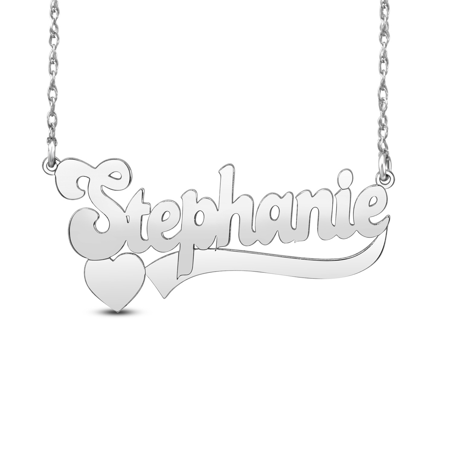 Large Script Name With Heart And Ribbon Necklace In Sterling Silver 1 Line Piercing Pagoda