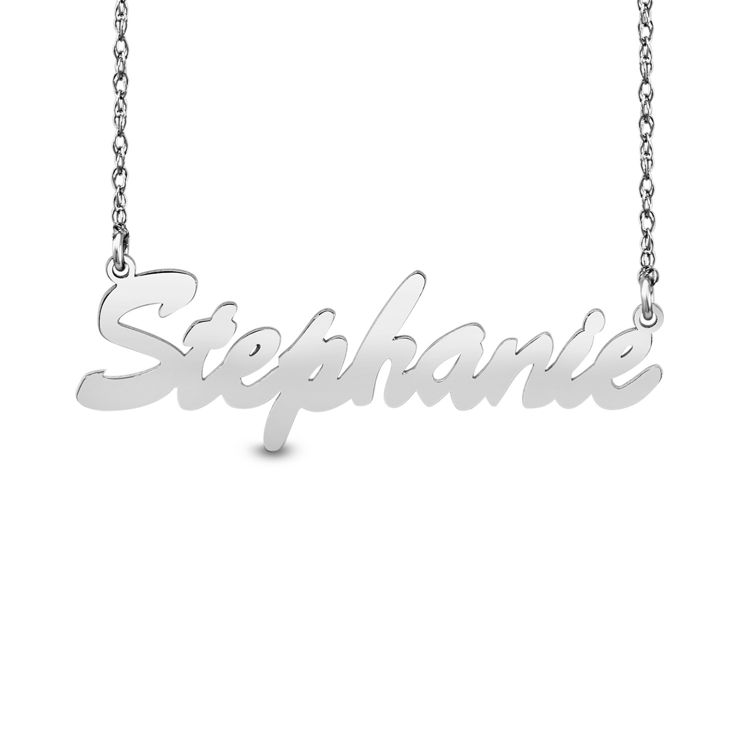 HI Polish Name Pers Necklace - 9 letter max 1 Uppercase letter (Example: Stephanie S =8.80mm x 1.40" e=5.06mm)